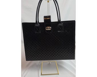 Vintage File n Go Aktenkoffer-Organizer aus schwarzem Lackleder mit Steppung und Akkordeonfaltung im Retro-Stil der 70er Jahre