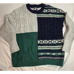 Vintage Y2K Lands End Womens Med Patch Wool Blend Fair Isle Cable Knit Sweater