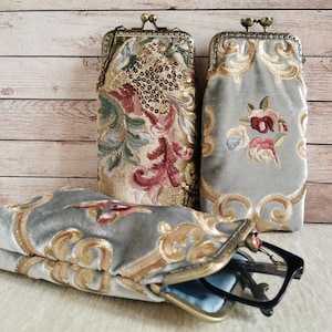 Estuche para gafas con flores, estuche de tela con cierre de beso para gafas de sol, estuche para gafas con cierre de beso, billetera para gafas, estuche para gafas de sol estilo vintage para bodas.