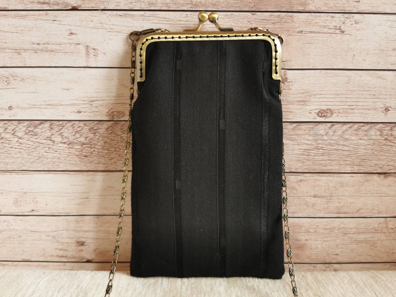 Phone pouch, phone purse, Black crossbody Cell Phone Case, kisslock iPhone 14 plus 14 pro max 13 pro max Case Fabric, kiss clasp Samsung ( S20 S21 S22 S23 ) plus Case, evening purse, unique gift for her