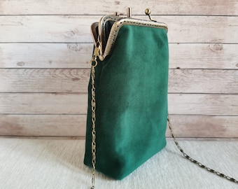 Green purse, evening bag, retro style double kiss lock purse, wedding crossbody clutch, vintage style kiss clasp prom purse, crossbody bag