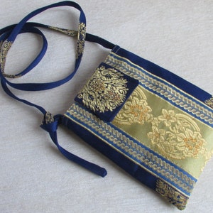 Kleine Tasche, viktorianische Tasche, Hobo Tasche, Crossbody Handytasche, Blau Gold Abendtasche, Hochzeitstasche, Boho Mini Tasche, Ball Geldbörse, Stoff Geldbörse Retro
