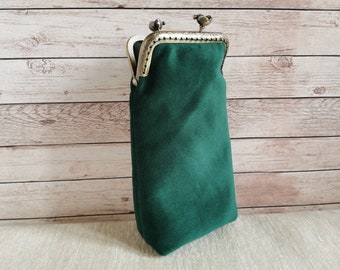 Custodia occhiali tessuto verde scuro, custodia occhiali clic clac stile vintage, portaocchiali morbido stile retro, custodia con clip