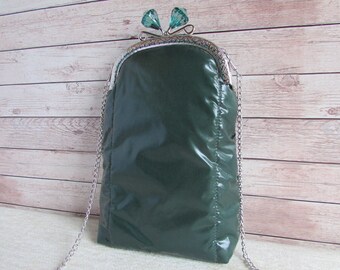 Crossbody green prom purse, crystal kiss lock evening purse, handmade wedding small bag, vintage style phone purse, retro style shoulder bag