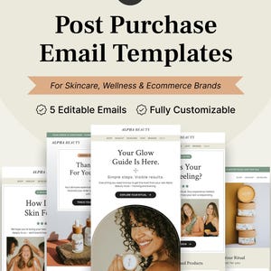 Op de afbeelding: Een digitale afbeelding met e-mailtemplates voor na de aankoop voor huidverzorgings-, wellness- en e-commercemerken. De lay-out bevat vijf bewerkbare en aanpasbare e-mailontwerpen met tekst, afbeeldingen en merkelementen voor beautybedrijven.