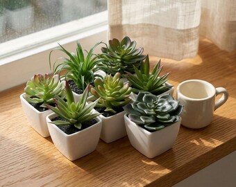 Set van 6 mini kunstmatige vetplantjes, nep-vetplantjes in witte potjes, nep-plantjes voor op bureau, plank of vensterbank, kleine potplanten voor thuis