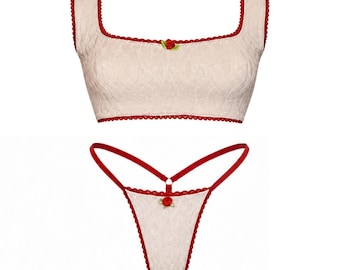 Cream and Red Knit Cami Bralette & Thong Set