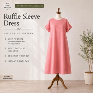 Ruffle Sleeve Linen Dress Sewing Pattern PDF | Easy A-Line Dress with Pockets | Beginner Sewing Pattern | Video Tutorial Included