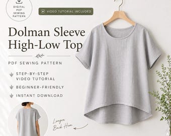 Dolman Sleeve Top Sewing Pattern PDF | Linen Blouse Pattern | Loose Fit High Low Top | Beginner Sewing Pattern