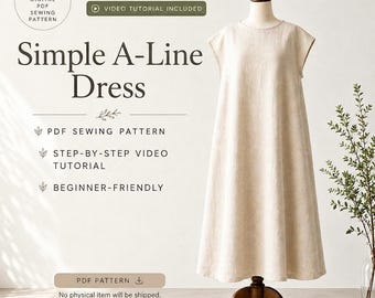 Patrón de costura en PDF para vestido de lino, vestido de corte A fácil, patrón para principiantes, incluye videotutorial.