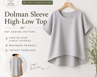 Dolman Sleeve Top Sewing Pattern PDF | Loose Fit High Low Top | Beginner Sewing Pattern | Video Tutorial Included