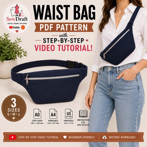 Schnittmuster für eine Bauchtasche (PDF) + Video-Anleitung, Gürteltasche, Bauchtasche, Anfängerfreundlich (Sofort-Download)