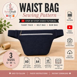 Molde em PDF para costura de pochete, bolsa de cintura, bolsa de cinto, ideal para iniciantes (download instantâneo)