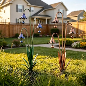 Metal Blue & Copper Bell Flower Garden Stakes Wind Chime Bell Metal Yard Art Rustproof Outdoor Lawn Flower Ornament for Backyard Patio Decor