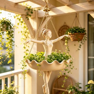 May include: A hanging planter featuring a cream-colored figurine of a dancer with arms outstretched. The dancer holds a scalloped, bowl-shaped container filled with green foliage. The entire structure is suspended by gold-toned metal chains.