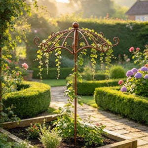 Puede incluir: Un enrejado de jardín de metal marrón con forma de paraguas, con un poste central y varillas curvas. La estructura presenta volutas decorativas en los extremos de cada varilla y está cubierta por enredaderas verdes que cuelgan.