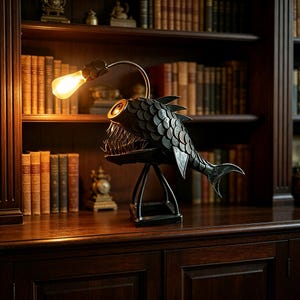 May include: A dark metal anglerfish-shaped table lamp with a textured scale pattern, sharp pointed teeth, and a curved arm extending from the head to hold a glowing Edison-style light bulb. The lamp stands on a sturdy four-legged base.