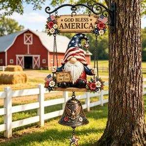 Könnte beinhalten: Ein hängendes Dekoschild mit einem Zwerg, der einen Hut mit Sternen und Streifen trägt und auf einer Schaukel sitzt. Das Schild zeigt den Text GOD BLESS AMERICA und land of the Free. Unter dem Zwerg hängt eine bronzefarbene Glocke.