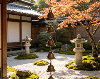 May include: A vertical hanging wind chime featuring six graduated bronze-toned metal bells connected by a central chain. Each bell has a smooth, flared rim and a weathered metallic finish, suspended in a single column from a top metal ring.