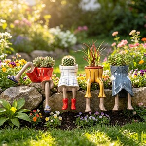 May include: Four ceramic planters shaped like lower bodies with legs, each holding a different plant. One wears red shorts with sandals, one a white grid skirt with red boots, one yellow pants, and one blue denim jeans, all sitting on a stone ledge.