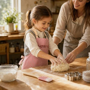 May include: A child wearing a pink and white striped apron with the name Sherry embroidered on the front, layered over a white long-sleeved shirt and a black and white checkered vest, kneading a ball of dough on a wooden kitchen countertop.
