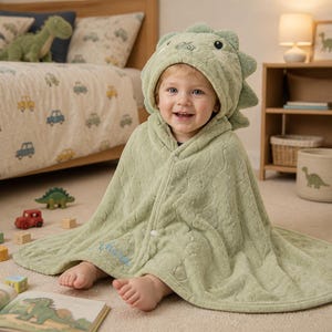 Pode incluir: Uma toalha com capuz verde sálvia com design de dinossauro, espinhos macios no capuz, um padrão ondulado texturizado no tecido e um fecho de pressão branco no pescoço. A toalha está bordada com o nome Liam em letra cursiva azul.