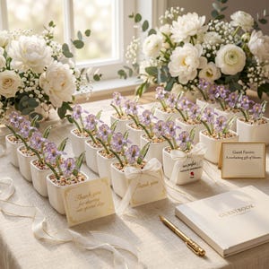 May include: A collection of small white square planters containing purple glass iris flowers with pebbles, accented with white ribbons and thank you cards. A guestbook and gold pen are placed nearby, alongside a sign reading Guest Favors: A everlasting gift of bloom.