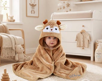 Cape de Bain Bébé Personnalisée Capuche Animaux, Serviette Brodée Prénom Cadeau Naissance Fille Garçon