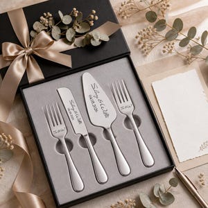 Personalized Cake Knife Server Set, Custom Engraved Gold Silver Forks, Wedding Anniversary Birthday Gift, Dessert Cutting Set