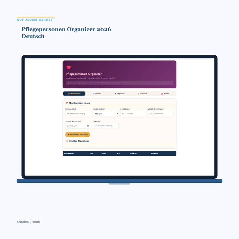 Pflegepersonen Organizer 2026 Deutsch | HTML Tool Medikamentenplan Pflegetagebuch Arzttermine Pflegegrad Offline Sofort Download image 4