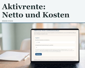 Könnte beinhalten: Ein Laptop-Bildschirm zeigt einen digitalen Rechner mit dem Titel Aktivrente: Netto- und Kostenrechner mit Eingabefeldern für das monatliche Bruttogehalt und Sozialversicherungsbeiträge sowie einem blauen Berechnen-Button.