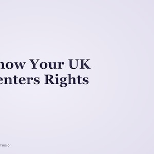 Peut inclure: Un graphique numérique violet clair présentant le texte bleu foncé Know Your UK Renters Rights centré sur la gauche. Le coin inférieur gauche contient le petit texte bleu foncé Ankora Studio. L'arrière-plan est d'une couleur violet clair unie.
