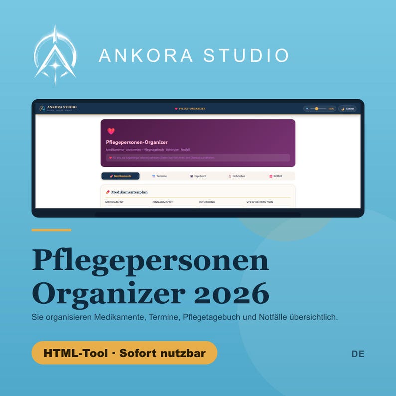 Pflegepersonen Organizer 2026 Deutsch | HTML Tool Medikamentenplan Pflegetagebuch Arzttermine Pflegegrad Offline Sofort Download image 2