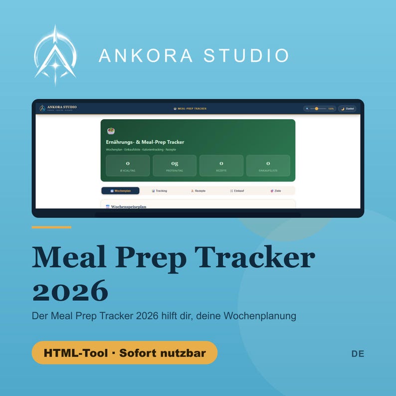 Meal-Prep-Tracker 2026 | Deutscher Wochenplan, Einkaufsliste, Kalorienrechner (HTML-Download) Bild 1