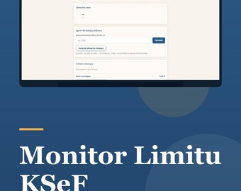 May include: A digital interface for the Ankora Studio Monitor Limitu KSeF tool, featuring a blue background, a web browser window displaying invoice limit tracking fields, and bold white text reading Monitor Limitu KSeF and HTML Tool.