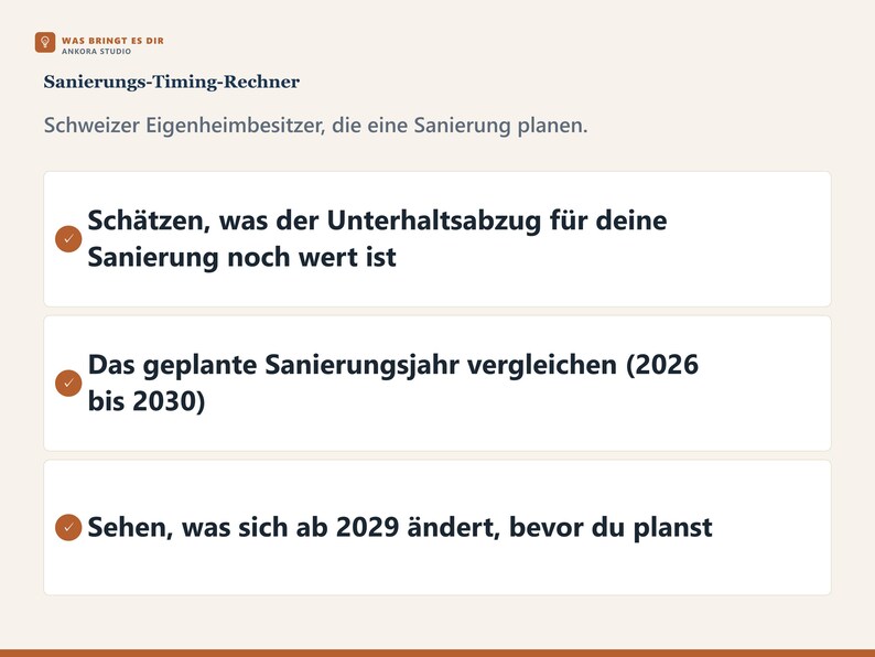 Eigenmietwert-Sanierungsplaner Schweiz 2026 PDF Deutsch | Checkliste Rechner Sanierung Hypothek Reform 2029 Bild 3