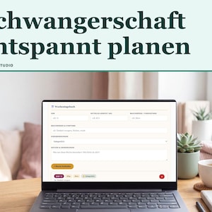 Peut inclure: Un écran d'ordinateur portable affiche un journal de grossesse numérique intitulé 'Wochentagebuch' avec des champs pour le poids, le tour de ventre, les symptômes et des notes. Le texte 'Schwangerschaft entspannt planen' et 'ANKORA STUDIO' figurent en haut.