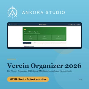 May include: A digital software interface titled Verein Organizer 2026 by Ankora Studio, featuring a green dashboard for club management with sections for members, finances, and tasks, presented as an HTML tool on a light blue background.