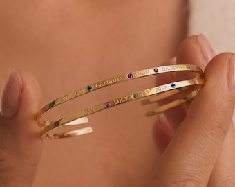 Custom Engraved Birthstone Cuff Bracelet, Sterling Silver or Gold, Family Gift
