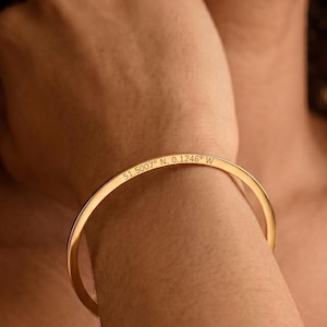 Side Engraved Name Cuff Bracelet, Personalized Edge Engraved Gold Bangle, Custom Coordinates Jewelry, Minimalist Dainty Gift for Her