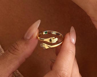 Personalized Hug Ring with Birthstone, Engraved Couple Band Gift for Wife Girlfriend, Romantic Anniversary Keepsake Jewelry