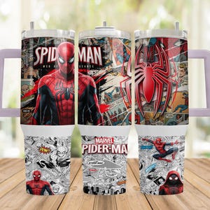 May include: A stainless steel tumbler with a handle featuring a vibrant Spider-Man comic book collage. The design includes red and blue character illustrations, the text Spider-Man Web of Appearance, and Marvel Spider-Man logos on a white base.