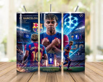 Immagine PNG di un bicchiere termico Lamine Yamal da 20 oz, design del bicchiere termico della Champions League del Barcellona, immagine PNG di un bicchiere termico sottile da calcio sublimazione