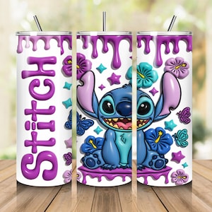 May include: A cylindrical tumbler featuring a white background with purple liquid drip patterns at the top. The design includes the word Stitch in large purple letters, a blue alien character, and various colourful hibiscus flowers, stars, and butterflies.
