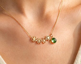 Dainty Birth Flower Necklace, Family Birth Flower Bouquet Necklace with Birthstone Personalized,Grandma Gift, Mothers Day Gifts