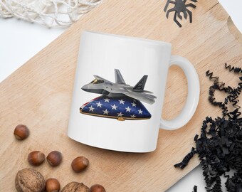 F-22 Raptor - Stealth Fighter - Fighter Jet Graphic Design - White glossy mug
