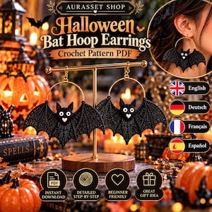 May include: A digital crochet pattern PDF for Halloween bat hoop earrings. The design features black crocheted bat motifs attached to gold-toned circular hoops. The text on the image reads Aurasset Shop, Halloween Bat Hoop Earrings, Crochet Pattern PDF, Instant Download, Detailed Step-by-Step, Beginner Friendly, and Great Gift Idea.