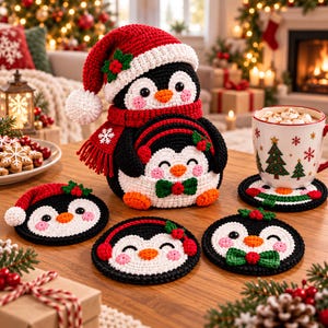 Bundle of 5 Penguin Crochet Coaster Pattern PDF | Christmas Mug Rug Set with Holder | Holiday Table Decor | Winter Crochet Gift Pattern