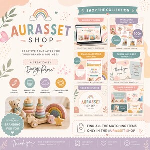 May include: A digital marketing template collection for the Aurasset Shop by Design Pixie, featuring a laptop display, Instagram content, email marketing, thank you cards, logo designs, and shop banners in a soft pastel color palette with rainbows.