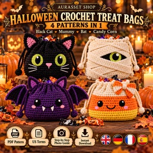 May include: Four crochet treat bags featuring Halloween designs: a black cat, a mummy, a purple bat, and a candy corn character. Each bag has a drawstring closure and is filled with wrapped candies. Text includes AURASSET SHOP HALLOWEEN CROCHET TREAT BAGS 4 PATTERNS IN 1.